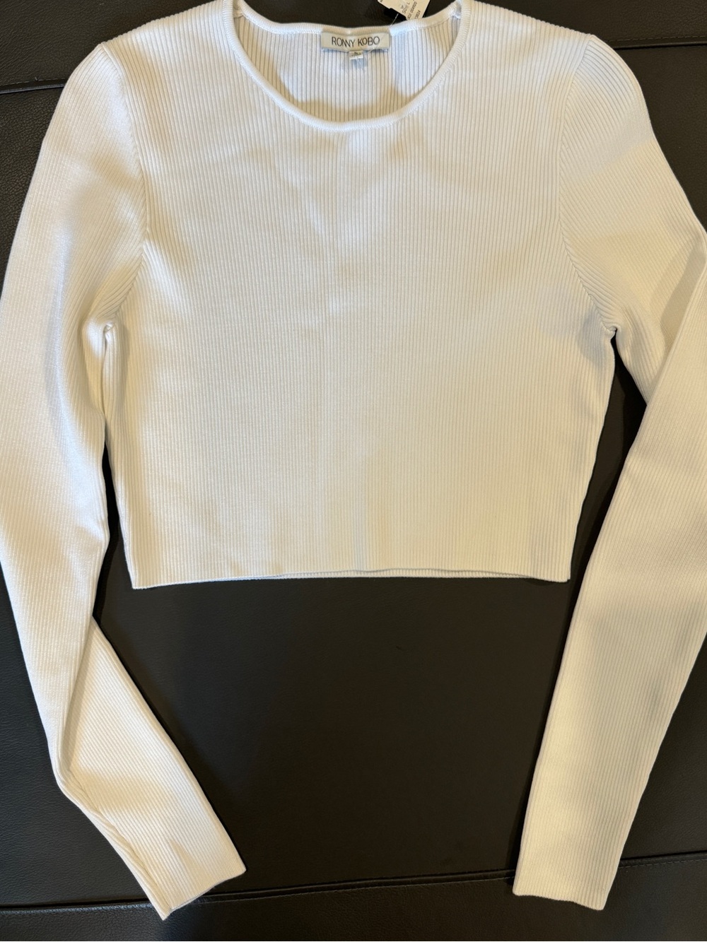 Ronny Kobo Collection Ivory Ribbed Long-Sleeve Cropped Top
